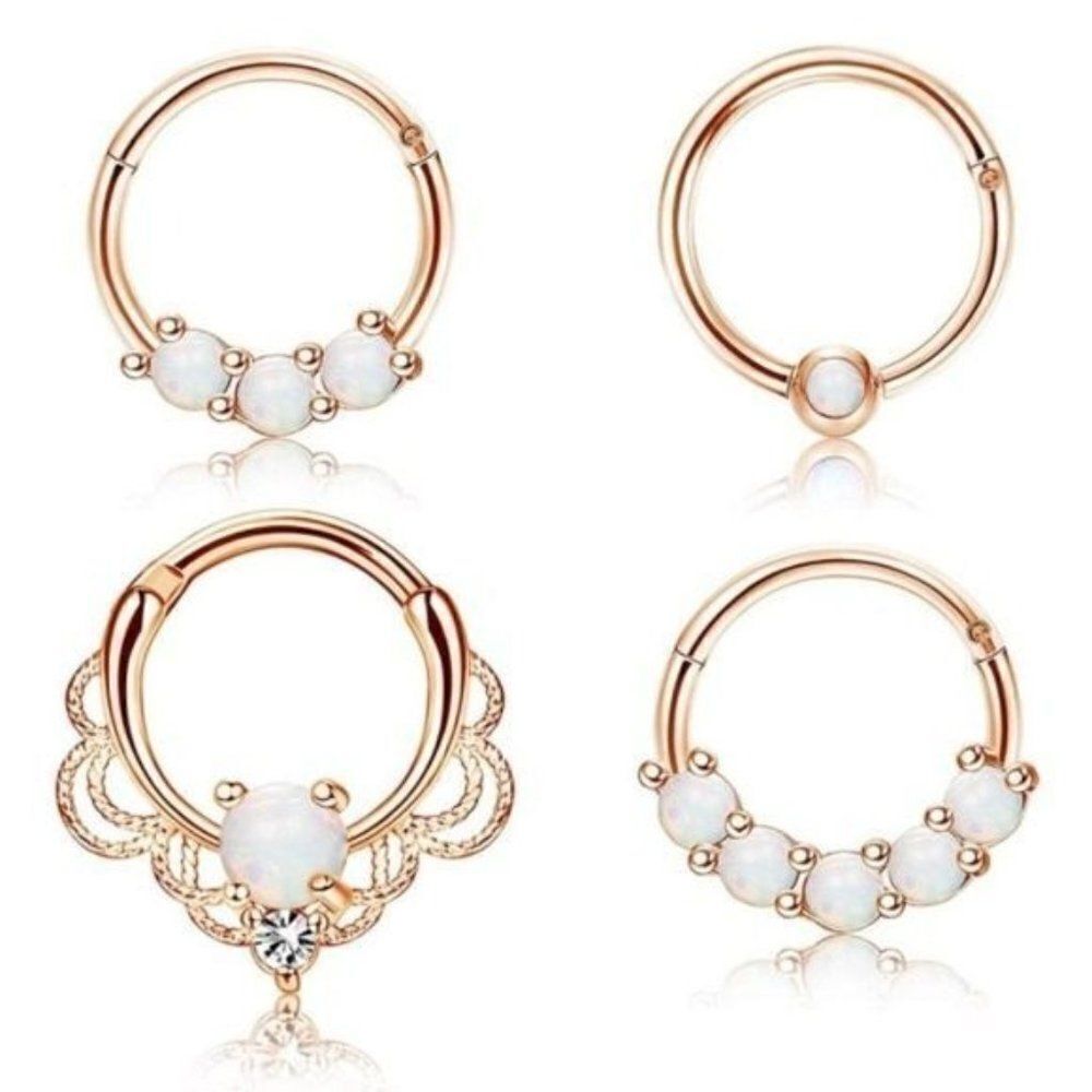 16G 316L Stainless Steel Rose Gold and White Fire Opal Nose Rings - Set of 4